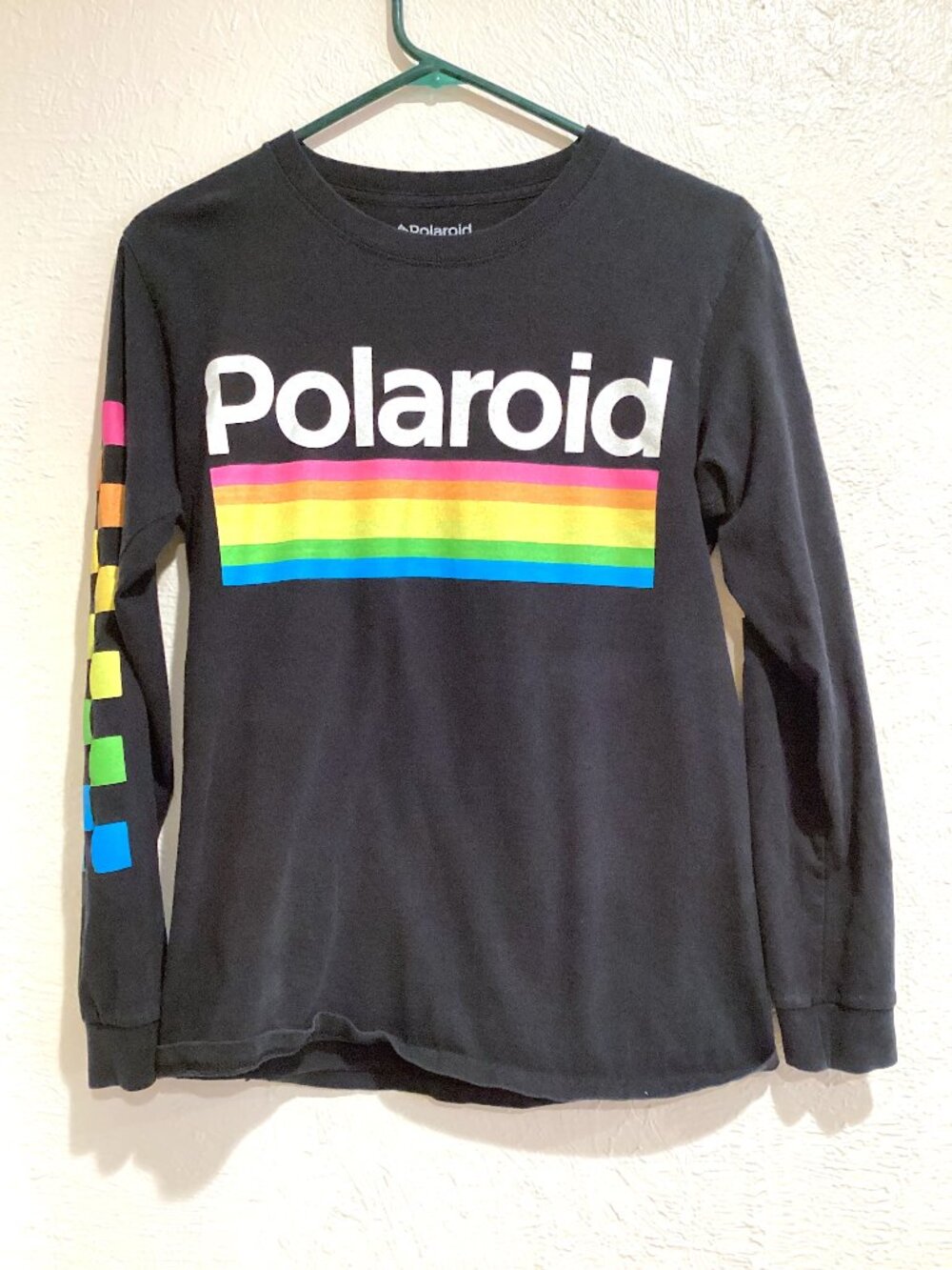 Vintage Polaroid Long Sleeve Shirt, Black with Rainbow Checkered Sleeves, 80s